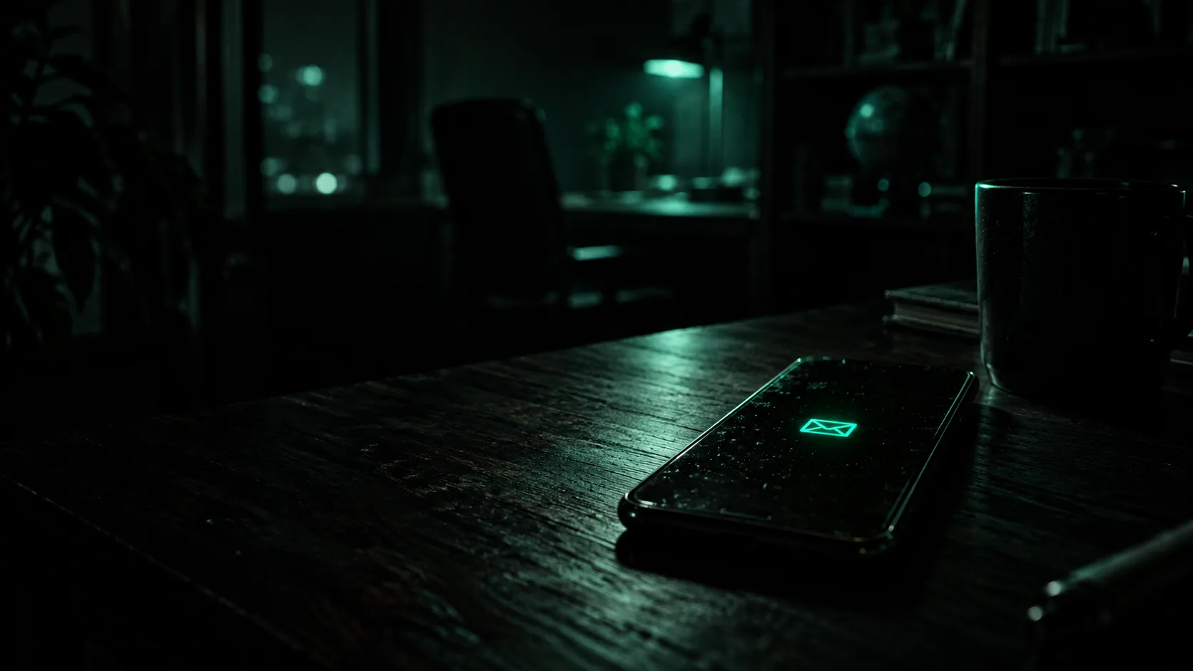 A smartphone lying face-up on a dark desk, its screen glowing teal with a single untouched message notification, a thin shaft of light revealing dust settled on the glass