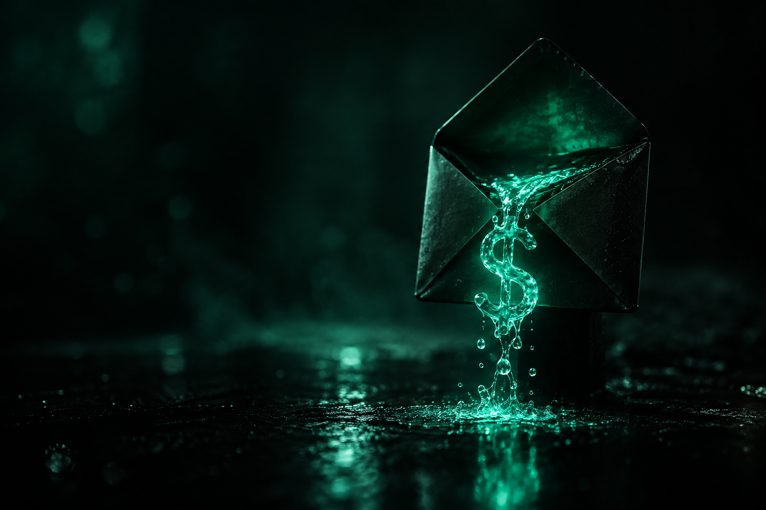 A glowing teal dollar sign slowly draining out of an open envelope icon into darkness