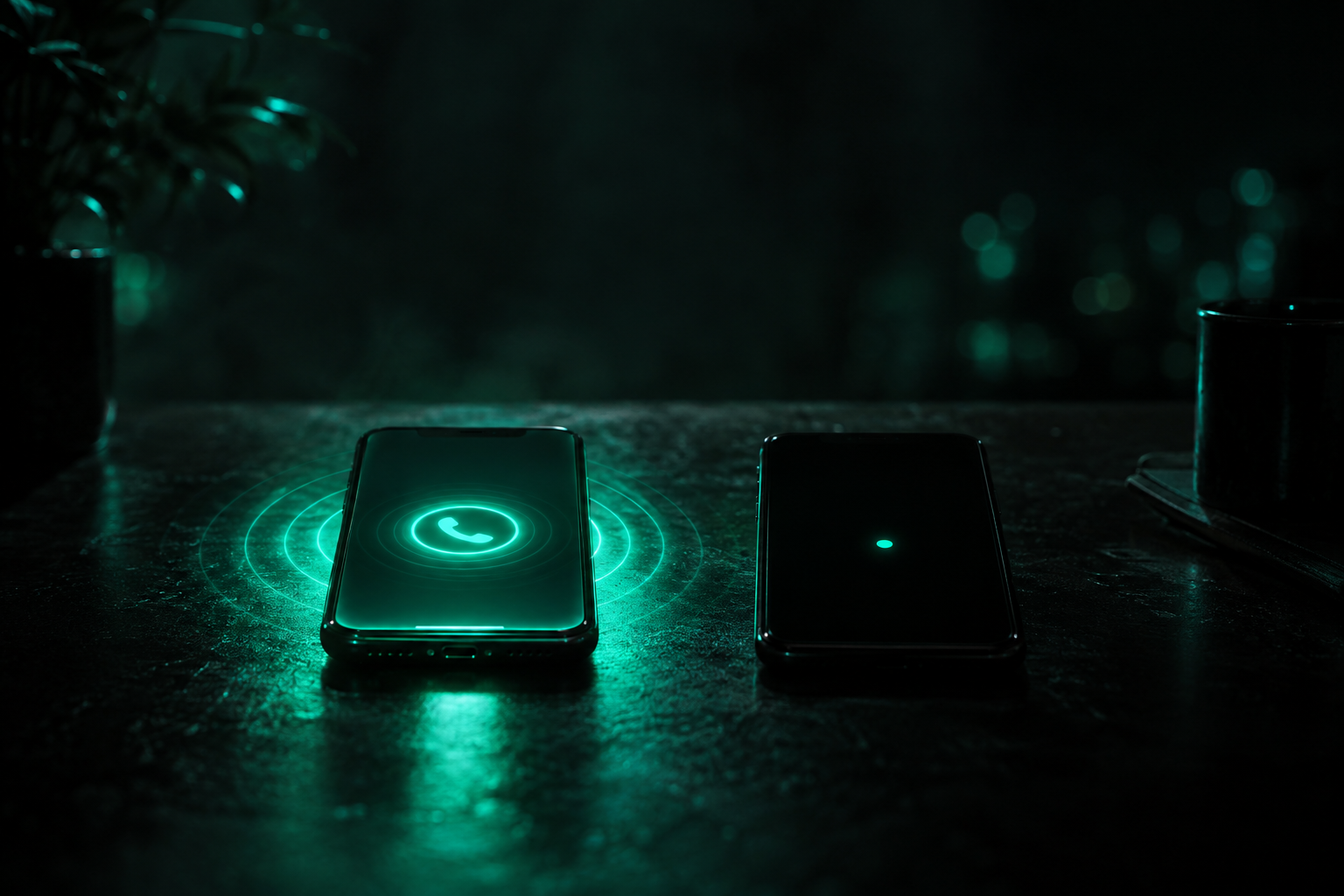 Two phones side by side in the dark — one glowing bright teal mid-ring, the other dark and silent with a single faint notification dot