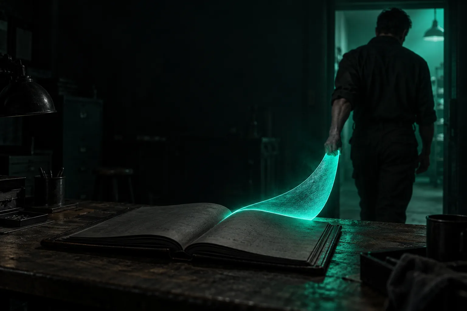 A glowing teal customer file open on a dark desk, one page peeling free and following a departing hand toward a door while the rest of the file stays dim