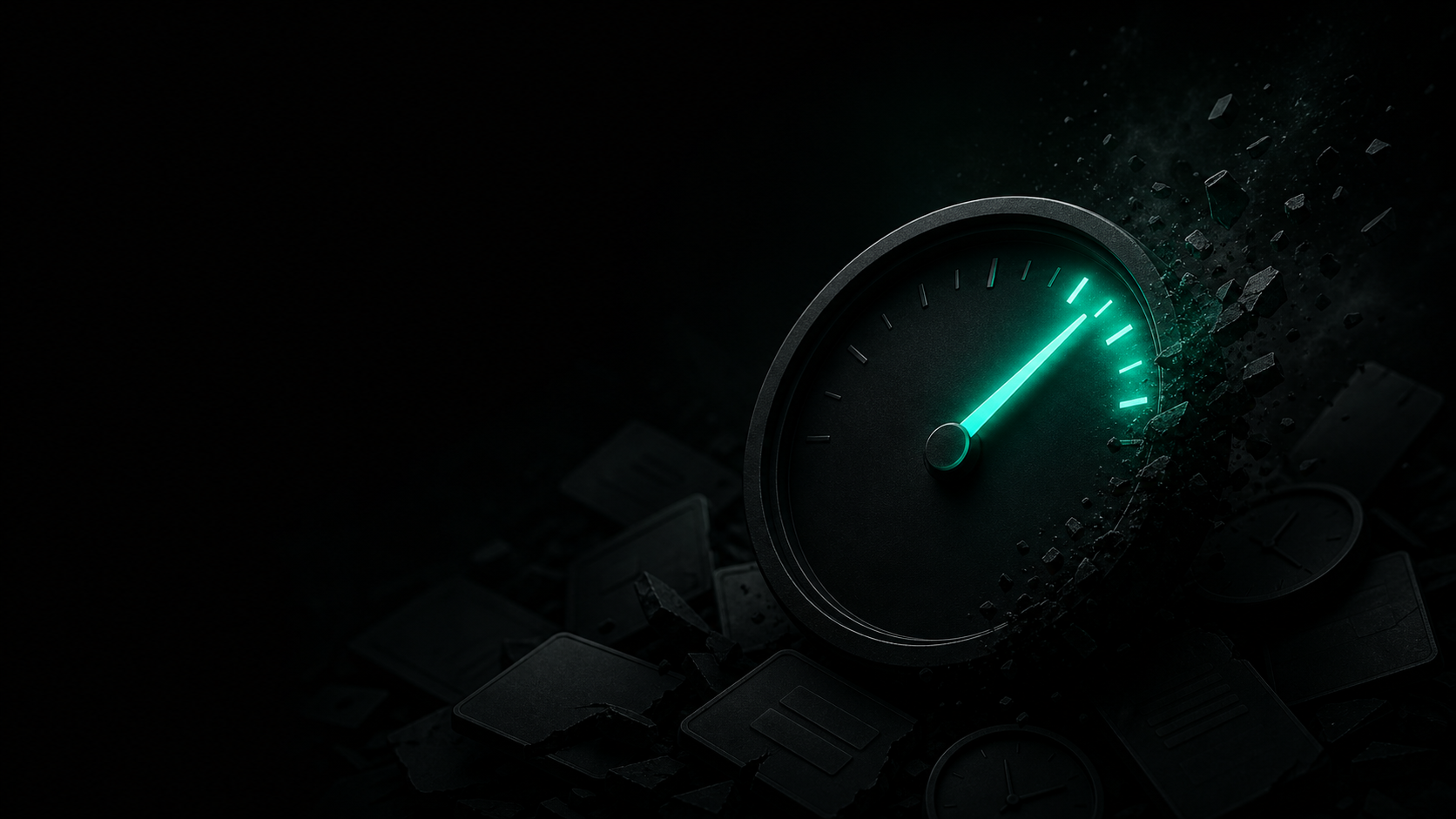 A single glowing teal needle on a gauge swinging toward growth, surrounded by dark, discarded subscription and task icons — the one thing that moves the needle