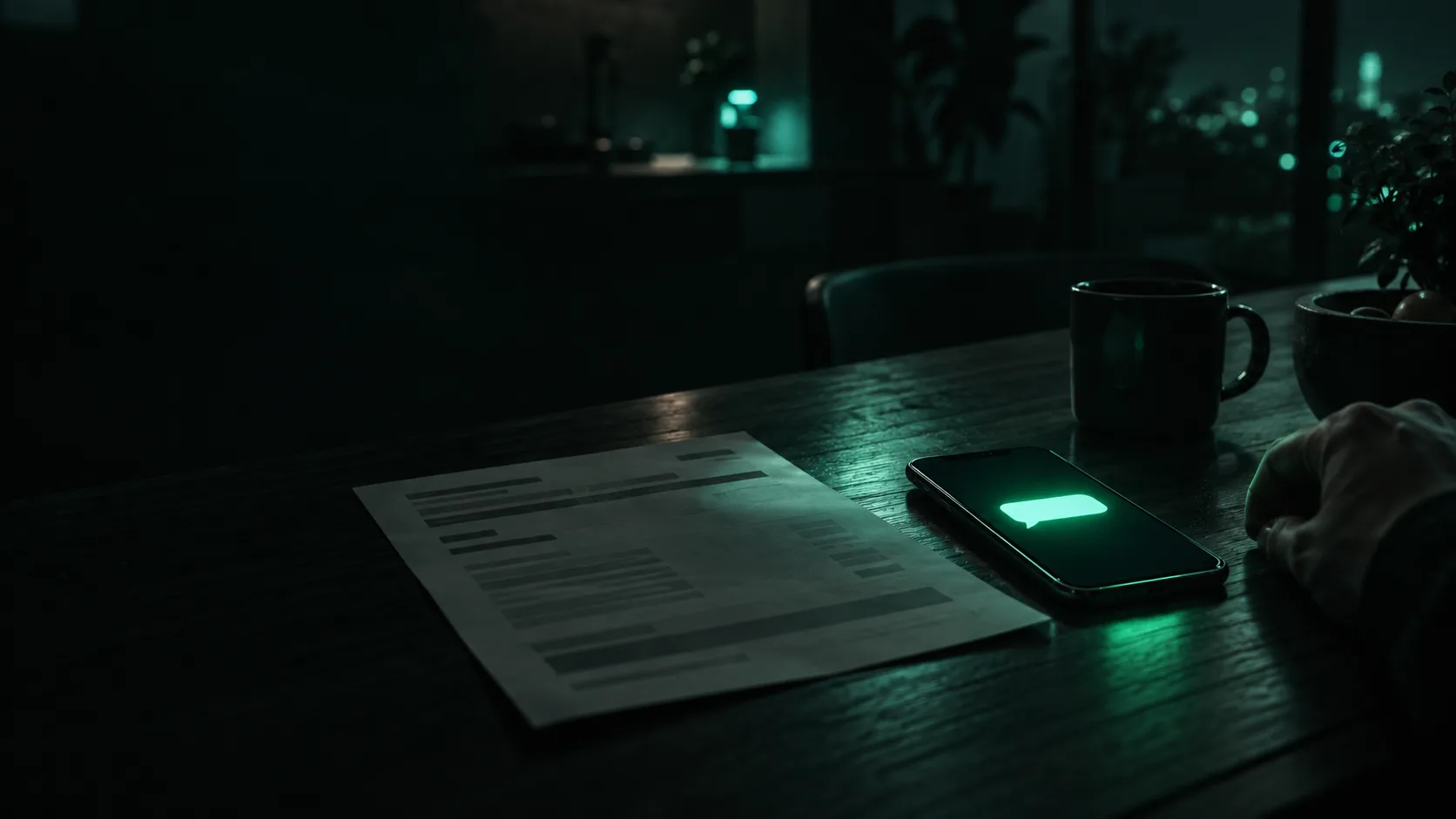 A dark kitchen table at night, a printed quote half in shadow beside a smartphone lighting up teal with an incoming text