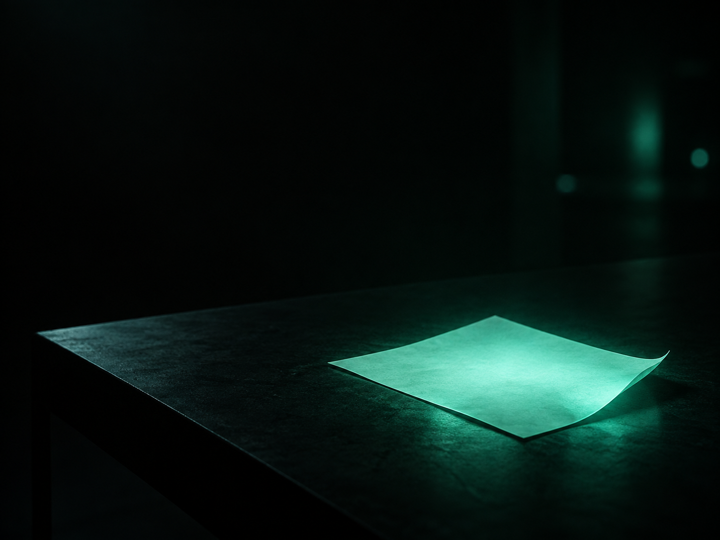 A single sheet of paper glowing softly teal on an empty dark table, as if it kept making the case after everyone left the room