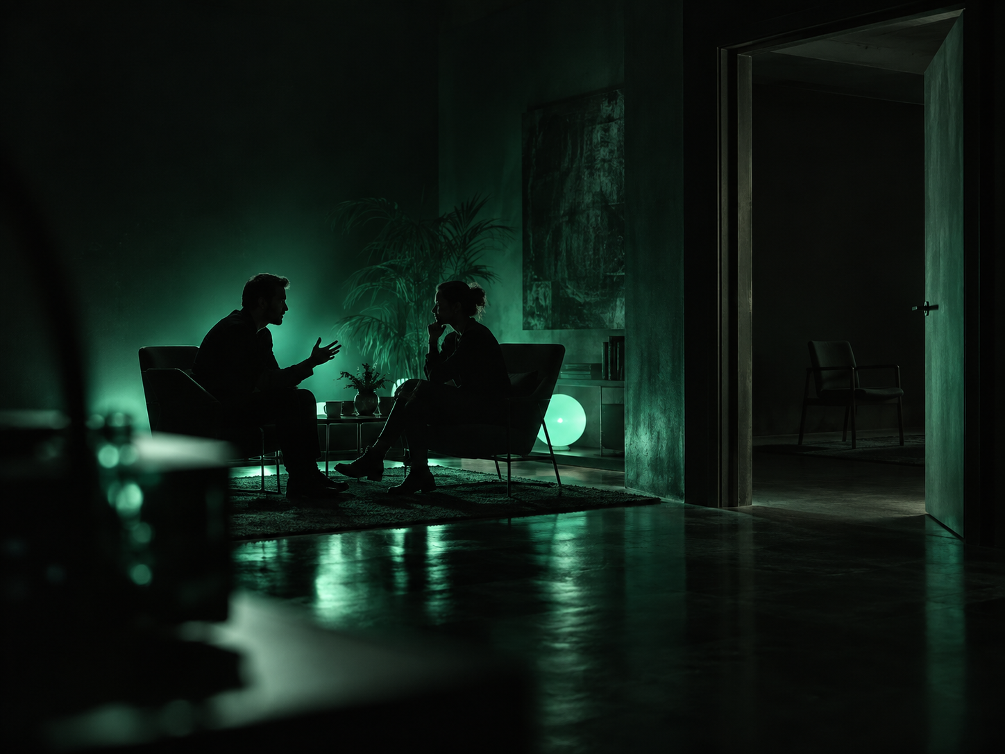 A bright teal-lit conversation between two people in one room, while a second dark, empty chair sits just outside the doorway