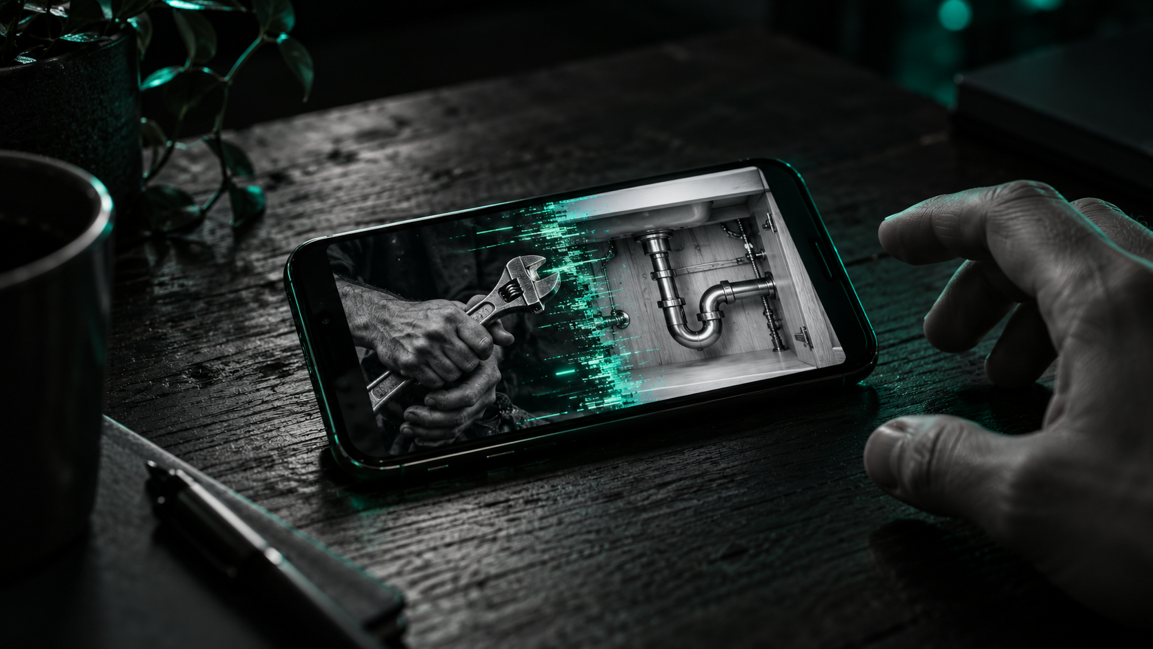 A smartphone on a dark desk showing a generic stock photo of a stranger's hands at work, the image dissolving into teal light to reveal a real, unposed photo of the owner's own finished job underneath