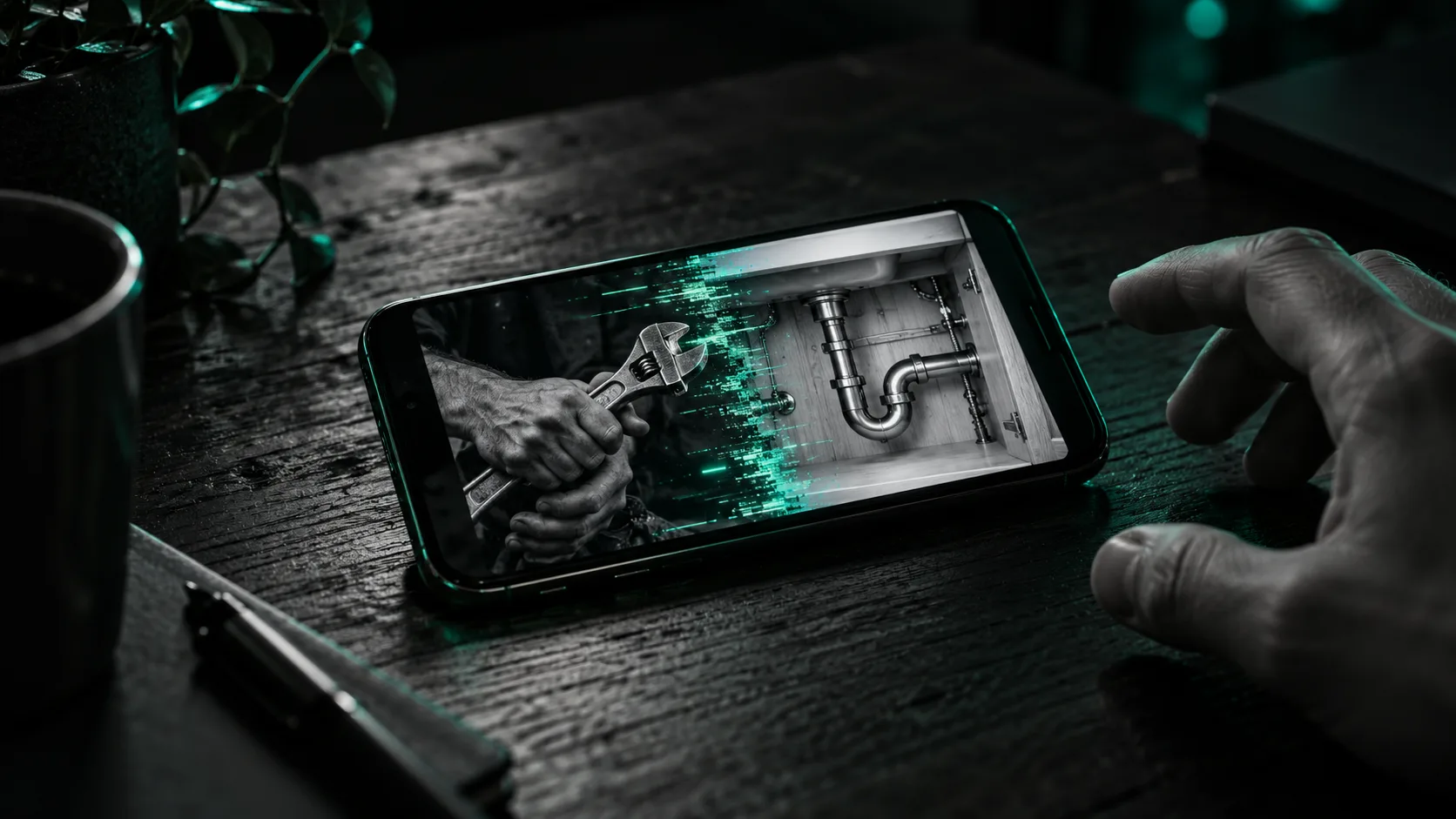 A smartphone on a dark desk showing a generic stock photo of a stranger's hands at work, the image dissolving into teal light to reveal a real, unposed photo of the owner's own finished job underneath