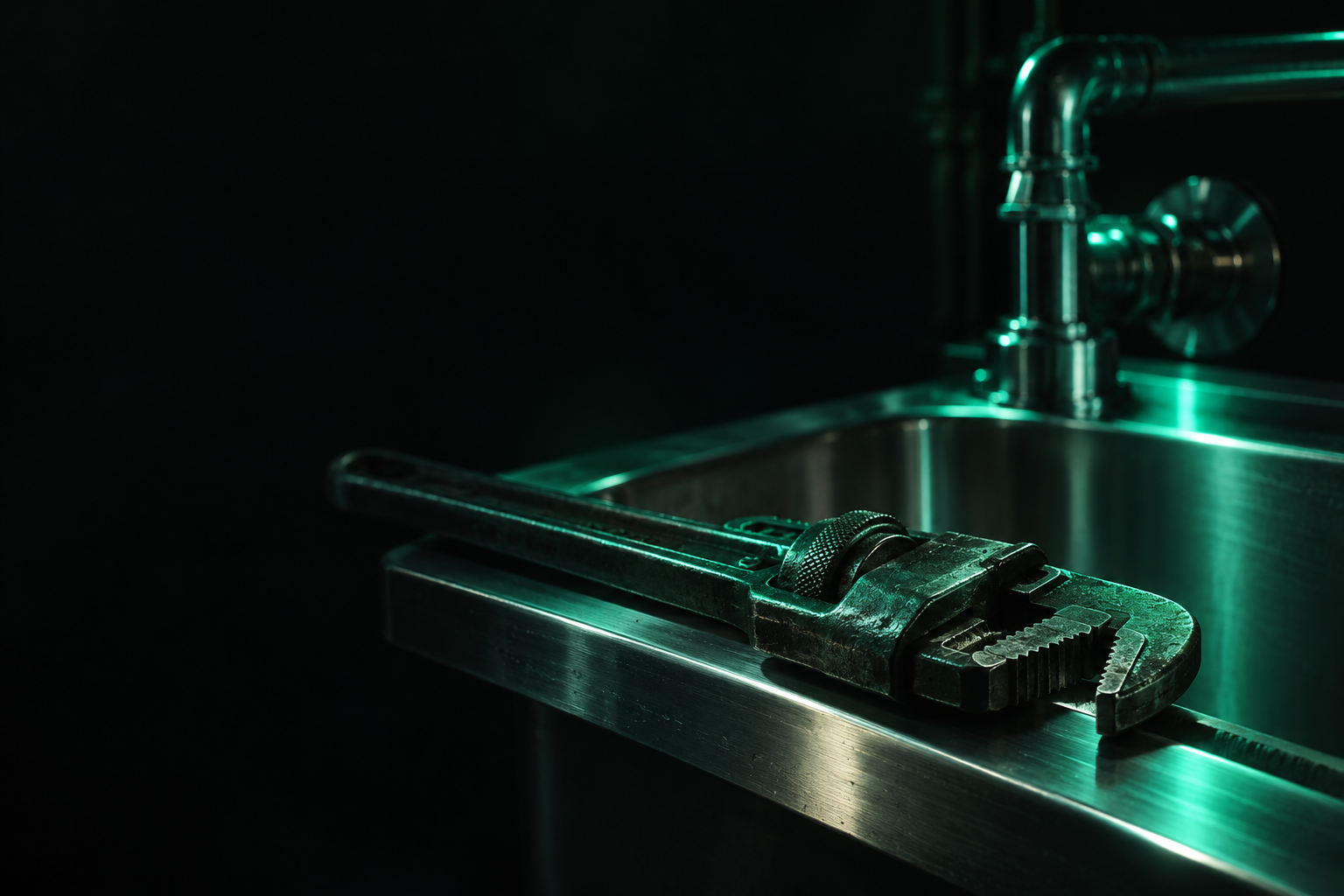 A single sharp, teal-lit photograph of a real tool resting on a finished job, in focus and specific, surrounded by soft darkness