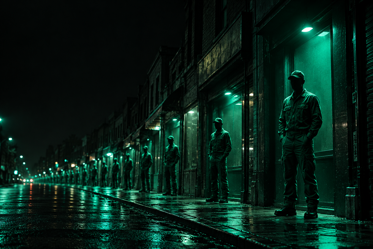 A faceless, glowing teal silhouette of a generic repairman standing identically in front of dozens of different dark storefronts