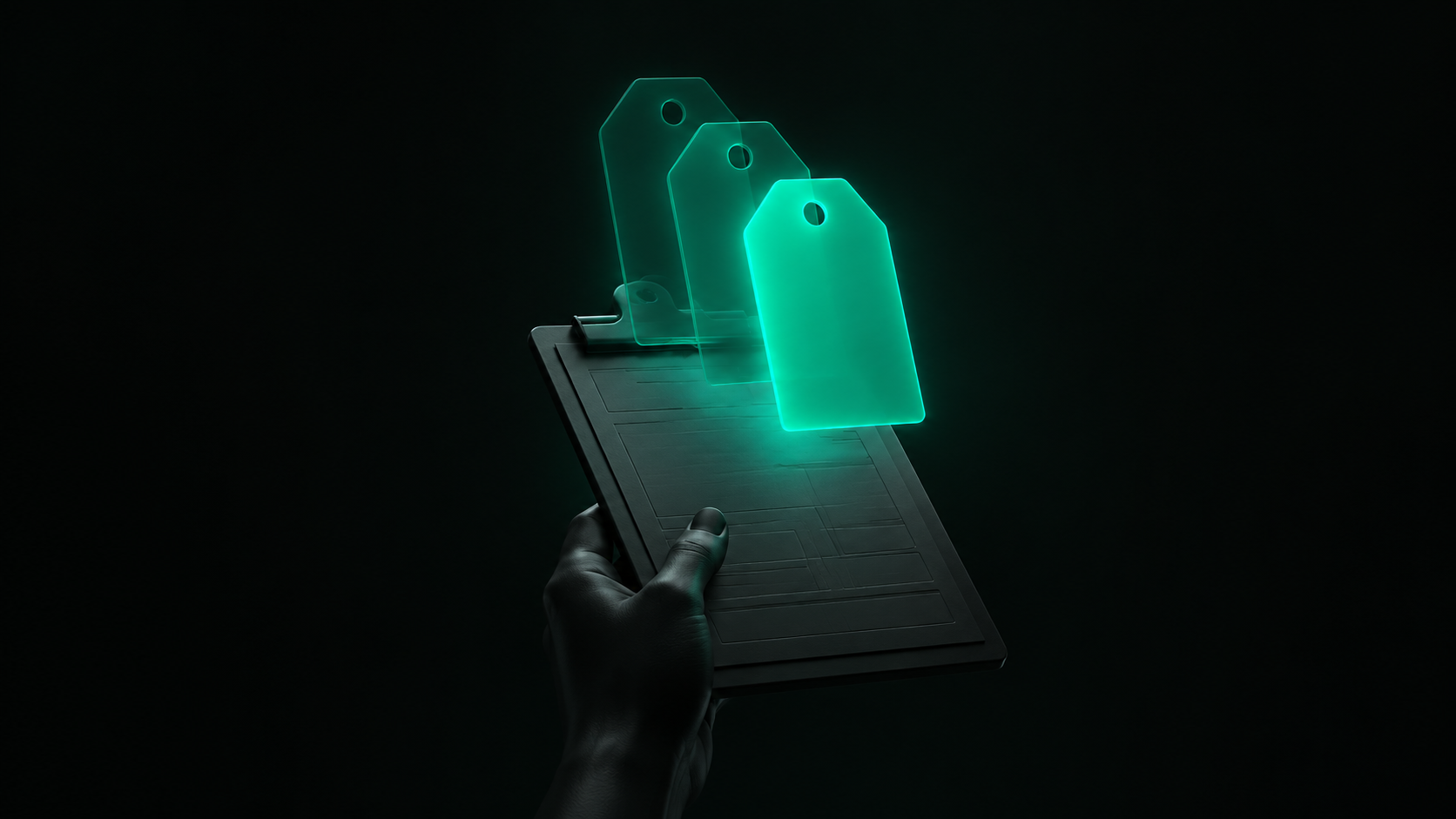 A hand holding a work-order clipboard while three translucent teal price tags hover above it, glowing at different brightness, slightly offset like overlapping echoes that don't line up