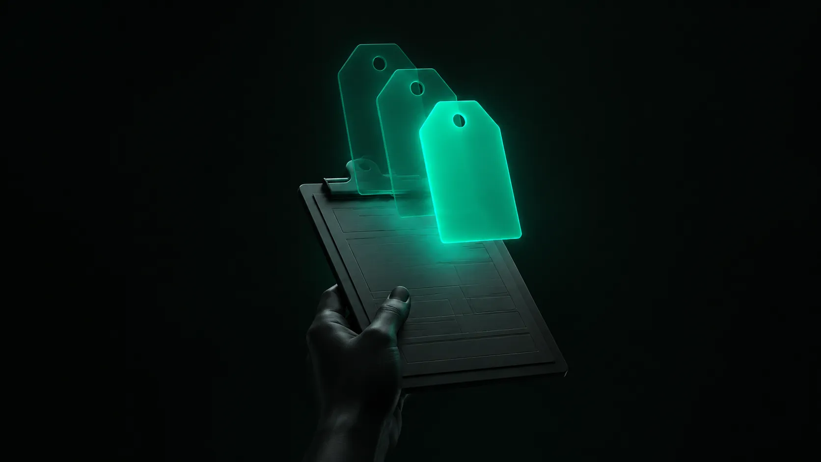 A hand holding a work-order clipboard while three translucent teal price tags hover above it, glowing at different brightness, slightly offset like overlapping echoes that don't line up