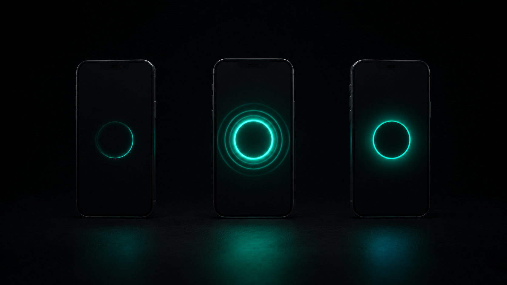 Three identical phones in a row, each glowing with a teal ring at a different brightness and pulse — the same question, three different signals