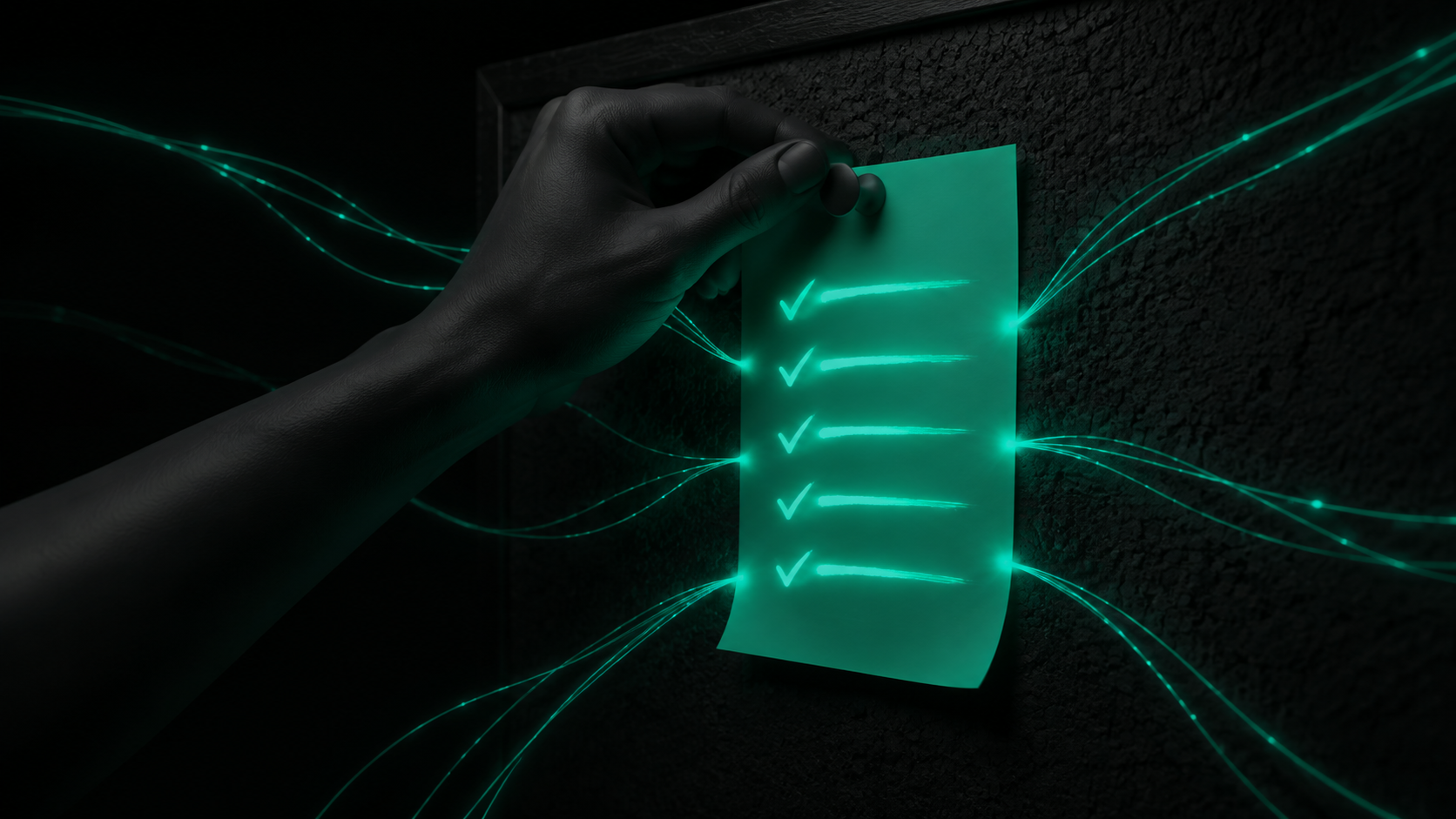 A hand pins a single glowing teal checklist page to a corkboard while scattered threads of teal light bend inward and align into it