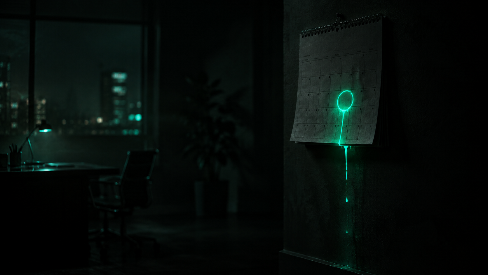 A wall calendar in near total darkness, one date circled and glowing teal, its light leaking off the edge of the page like liquid draining into the dark