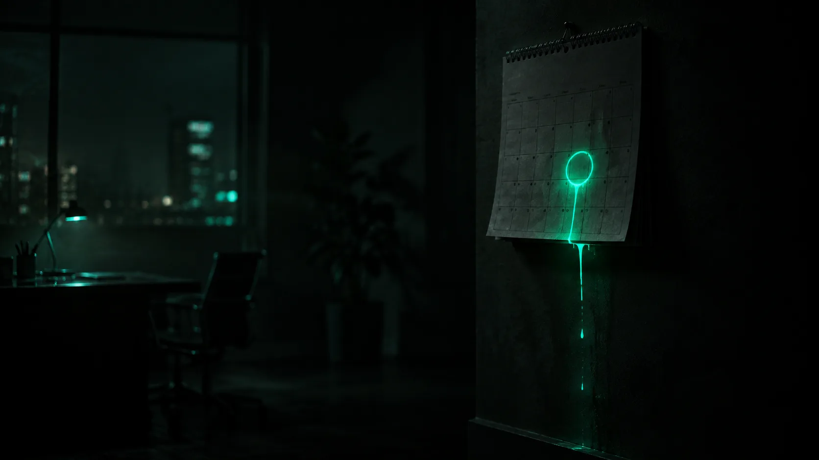 A wall calendar in near total darkness, one date circled and glowing teal, its light leaking off the edge of the page like liquid draining into the dark