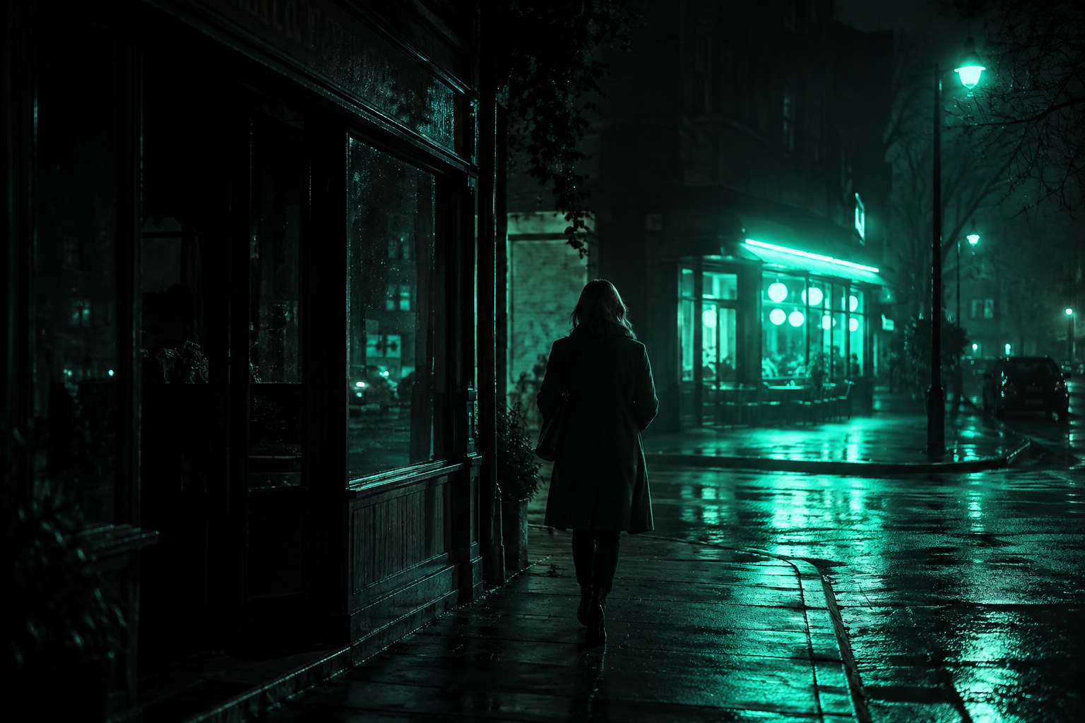 A glowing teal figure slowly walking away from a dark, familiar storefront toward a second, brighter teal-lit storefront further down the street