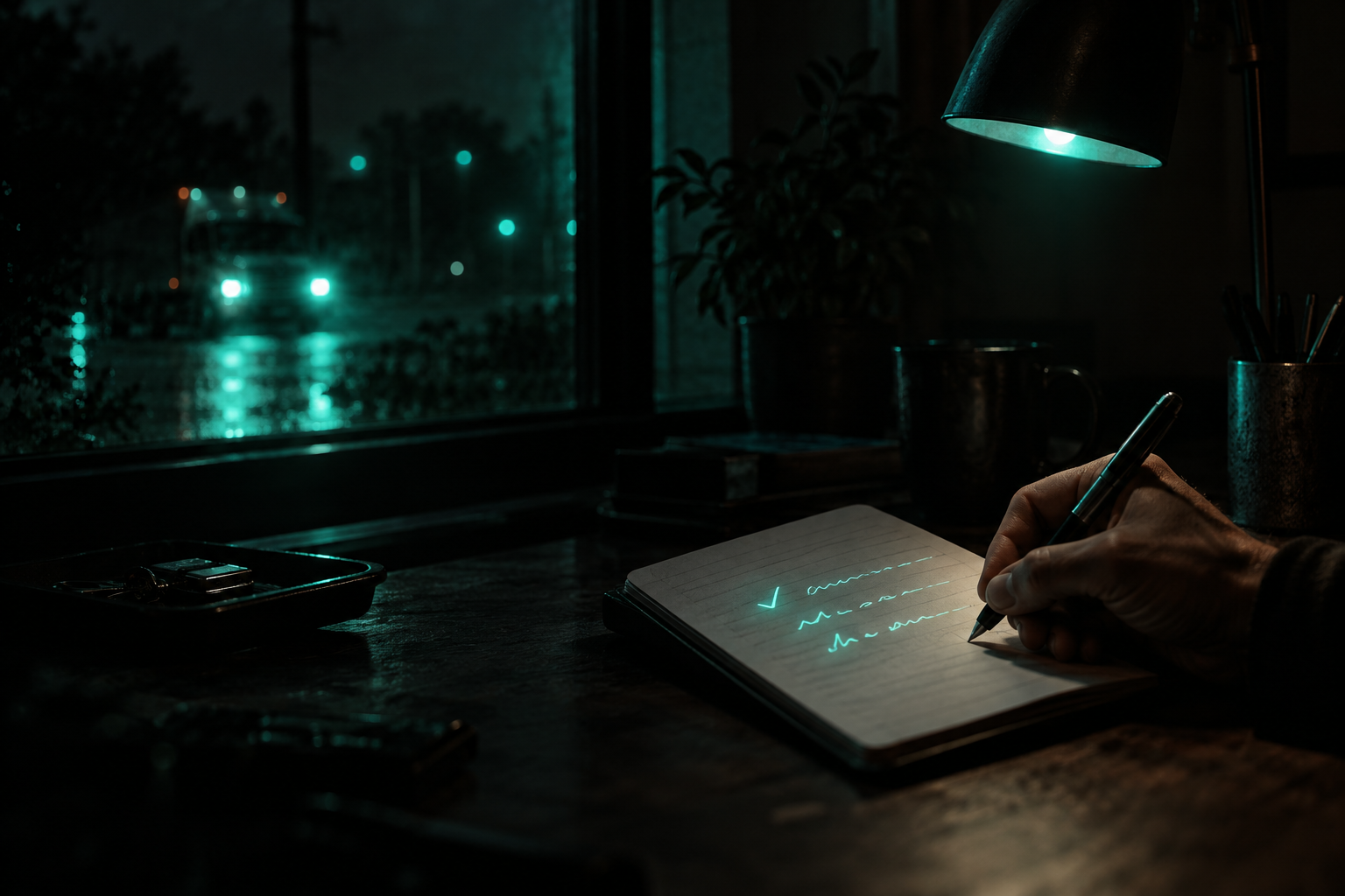 A hand writing in a small notebook under a desk lamp, three lines glowing teal as they get checked off, a work truck's headlights faintly teal through a window behind it