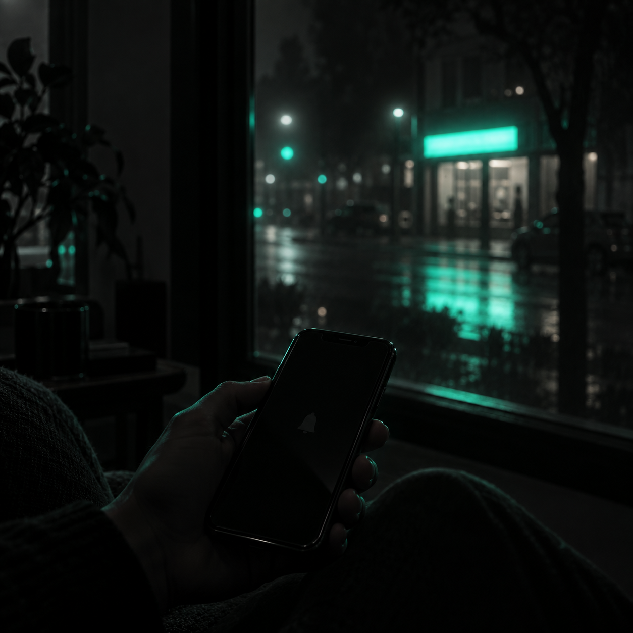 A hand holding a phone in the dark, the screen showing a single unlit reminder bell, while a competitor's storefront glows teal softly in the background