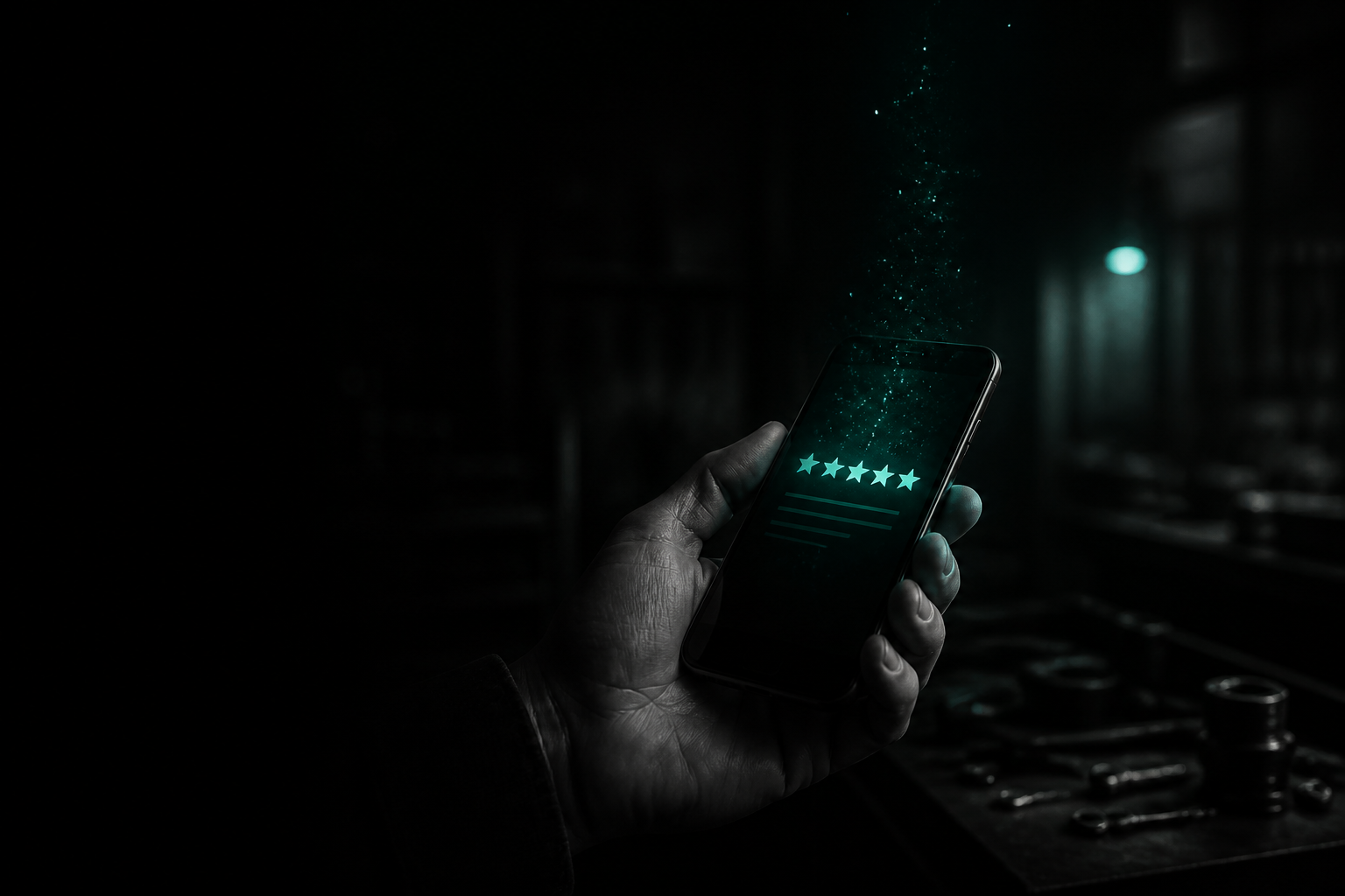 A hand holding a smartphone showing a five-star review notification, the glowing teal light radiating from the screen visibly dimming like a candle burning down, in a dim workshop at dusk with soft teal bokeh