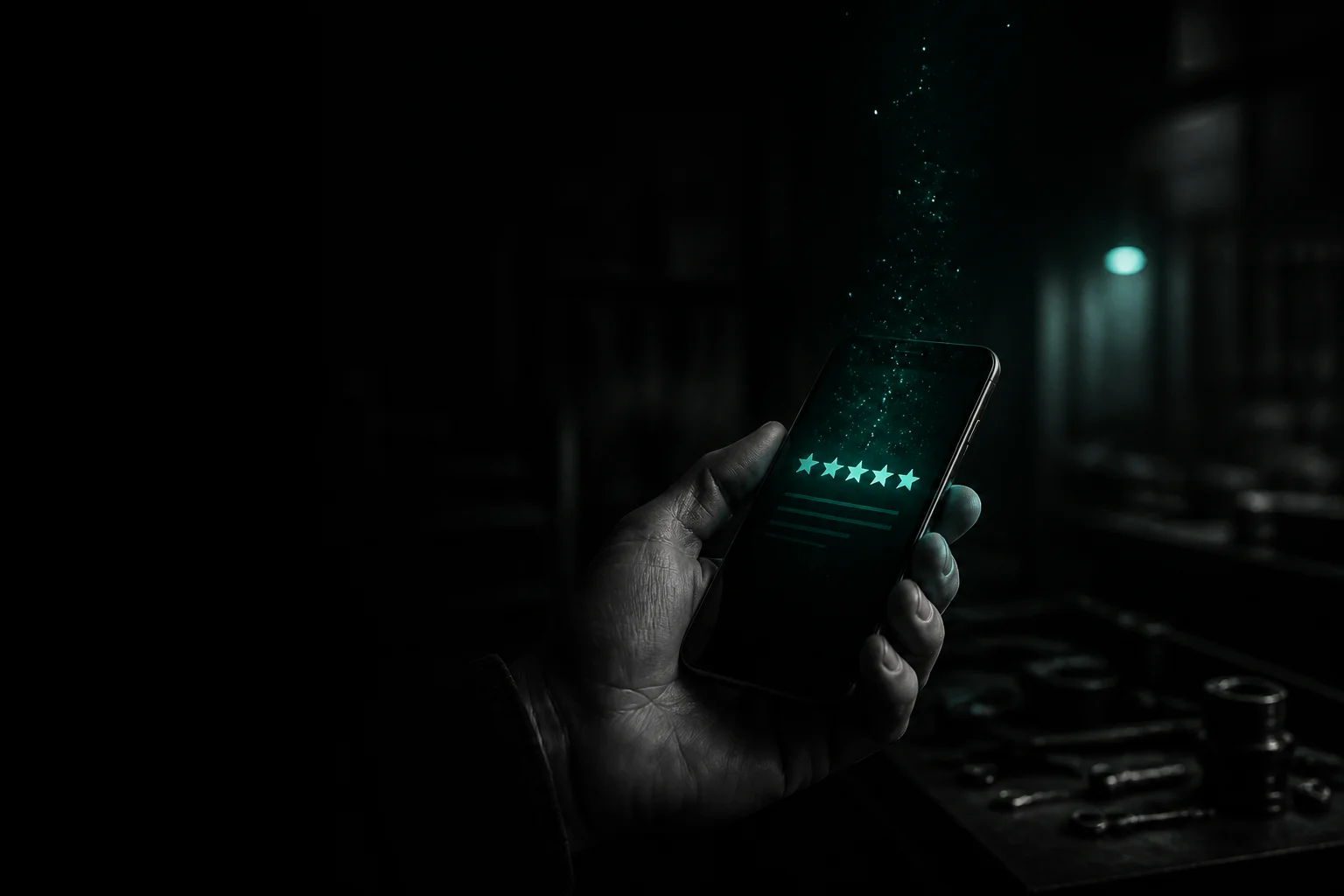 A hand holding a smartphone showing a five-star review notification, the glowing teal light radiating from the screen visibly dimming like a candle burning down, in a dim workshop at dusk with soft teal bokeh