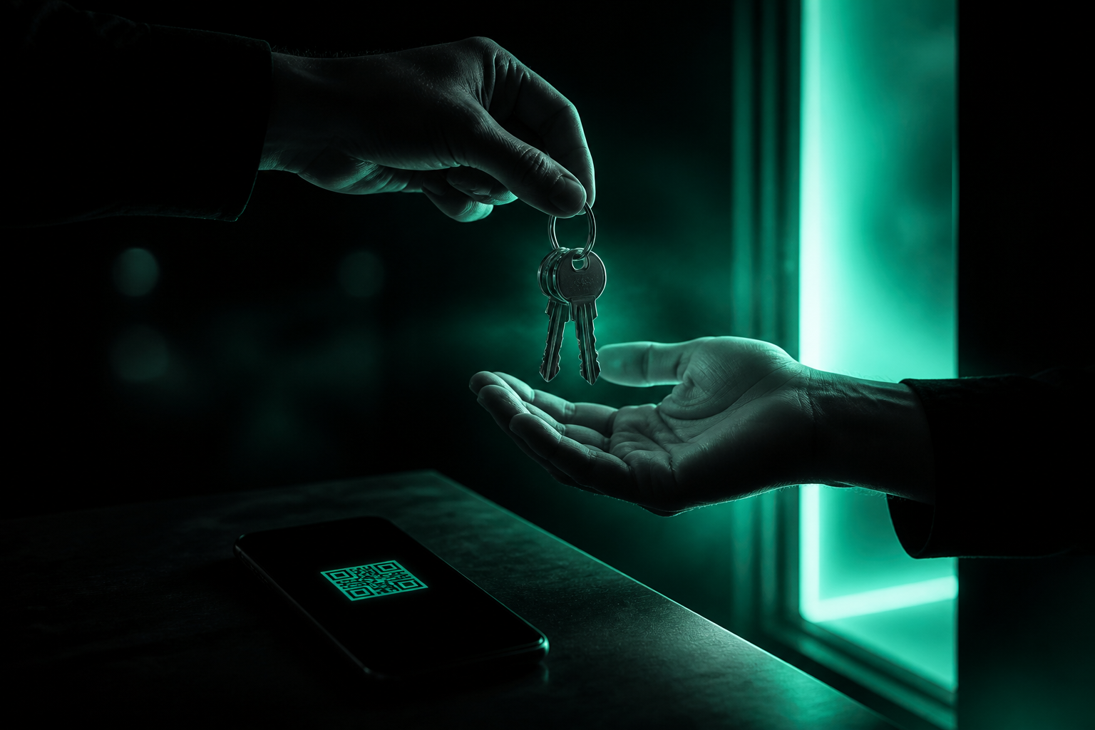 A hand handing over a set of keys at a bright teal-glowing threshold, warm light radiating outward, a phone waiting nearby with a QR code glowing the same teal