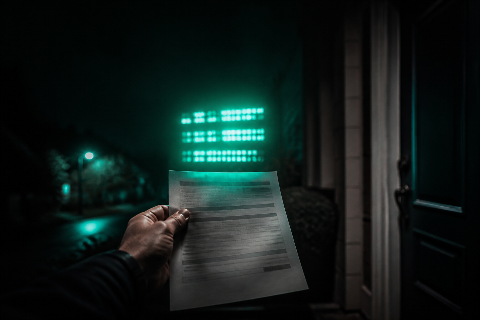 A hand holding a printed invoice at a customer's front door, a second brighter teal number glowing just above the printed total as the original number fades into shadow beneath it