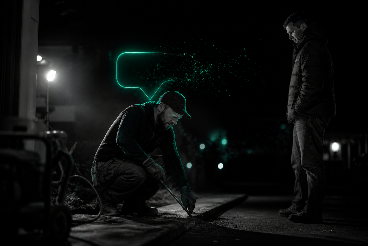 A faint teal speech-bubble outline hovering unfinished above a worker's shoulder at dusk, the words inside it dissolving into scattered light before ever reaching the customer