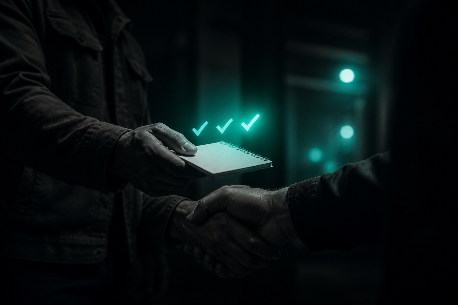 A hand extending a small notepad toward another hand mid-handshake, three glowing teal checkmarks lit in sequence in the air above the page, the third checkmark brightest as if just completed