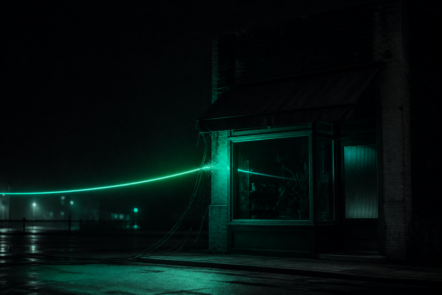 A dark storefront lit almost entirely by one thick glowing teal cable running taut and slightly frayed into it, while several thin dark cables hang slack and disconnected in the shadows nearby