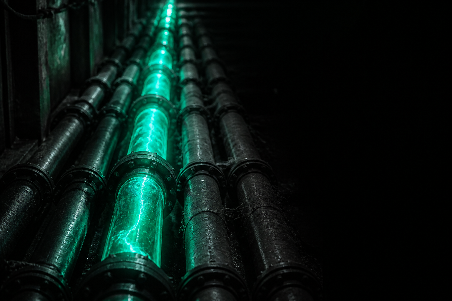 One industrial pipe glowing bright teal with flowing light, next to several identical pipes sitting dry, dusty, and cobwebbed, their glow faded from disuse