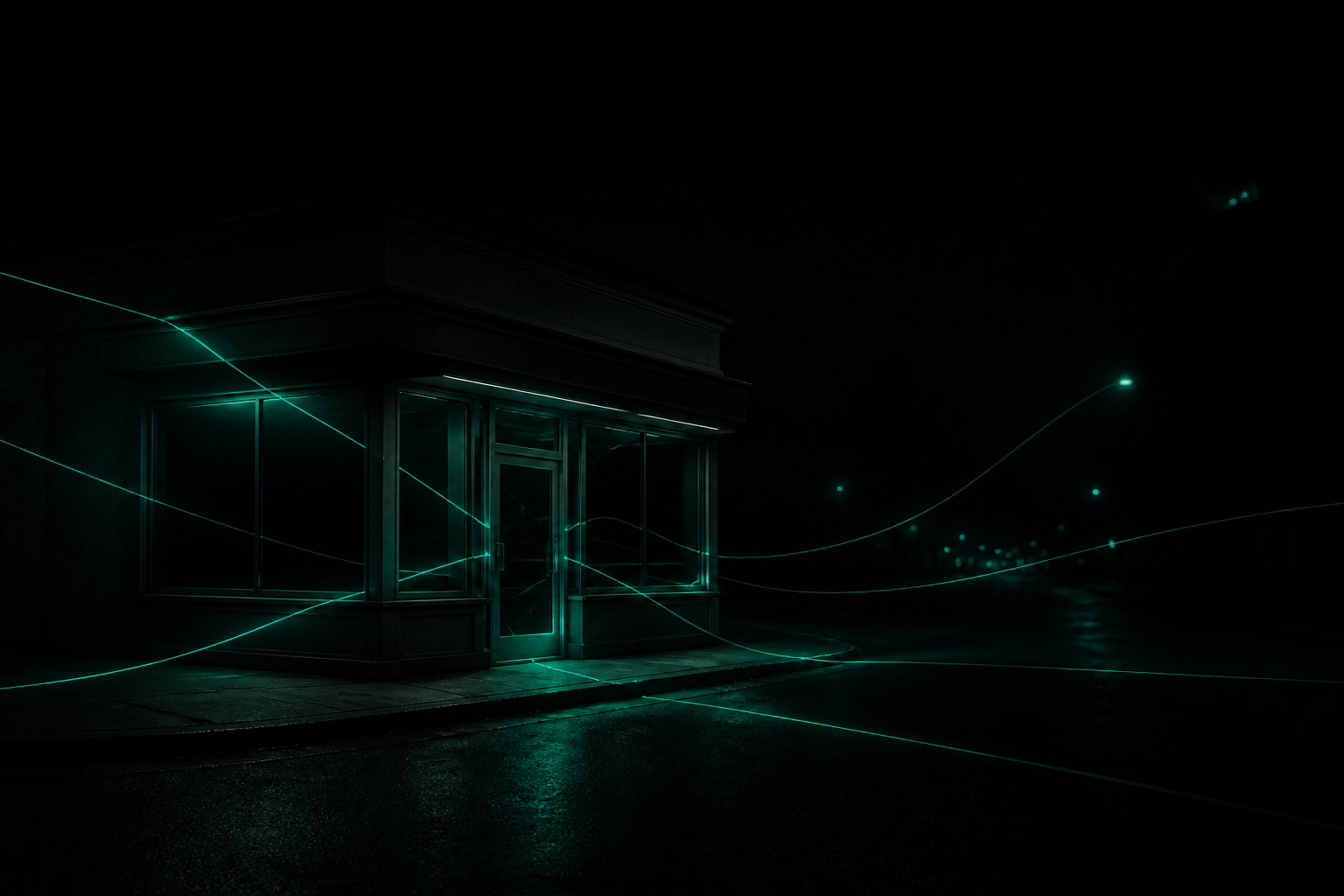 Several thin teal-glowing threads of roughly equal brightness converging gently into one small dark storefront, none of them dominant, all of them alive