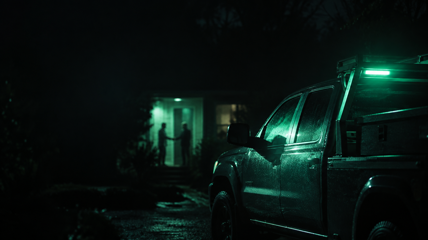 A dark work truck at night with a business name glowing teal on the door, while past it in a softly lit doorway a homeowner shakes hands with someone else, the truck's glow not quite reaching them