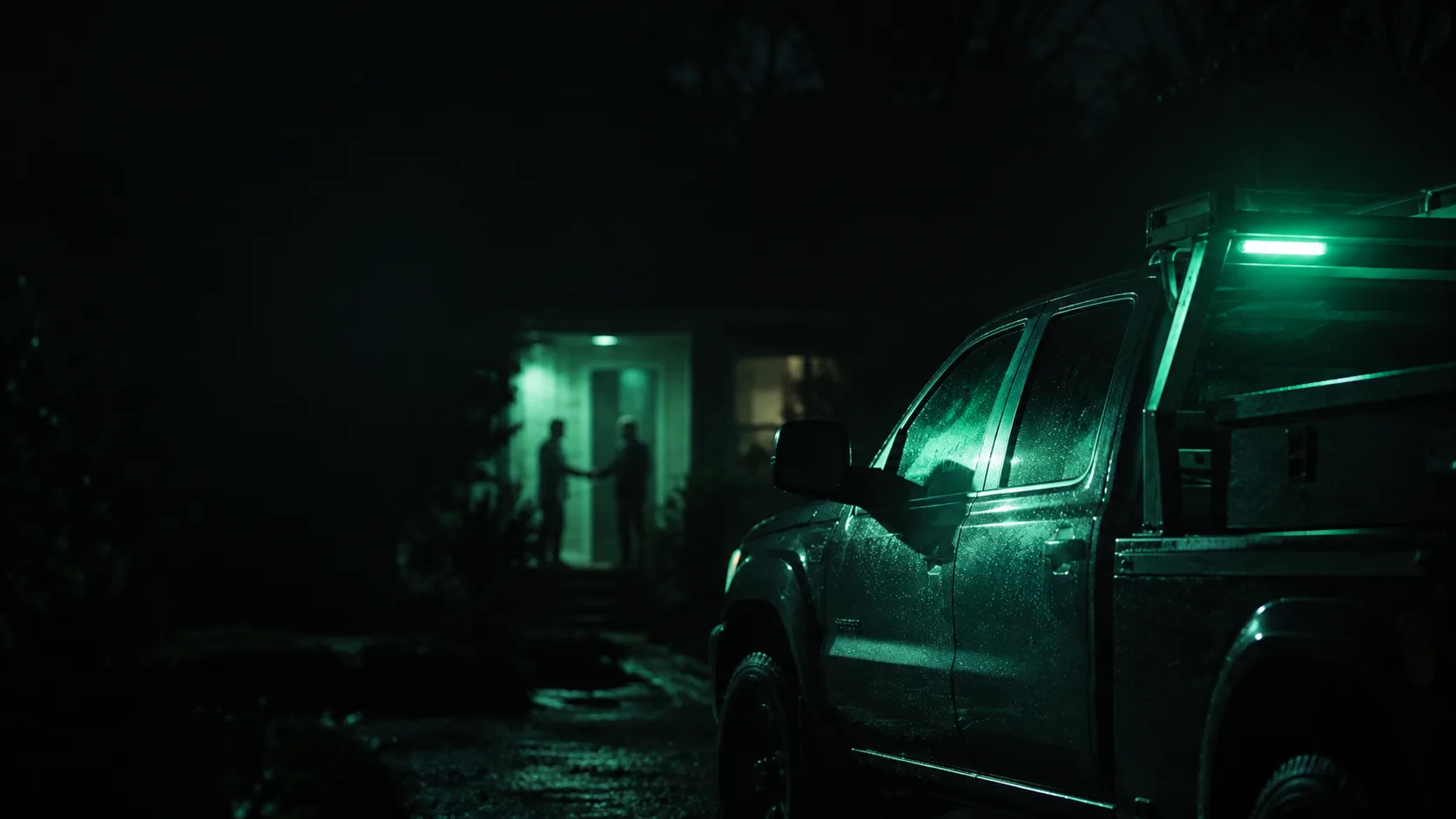 A dark work truck at night with a business name glowing teal on the door, while past it in a softly lit doorway a homeowner shakes hands with someone else, the truck's glow not quite reaching them