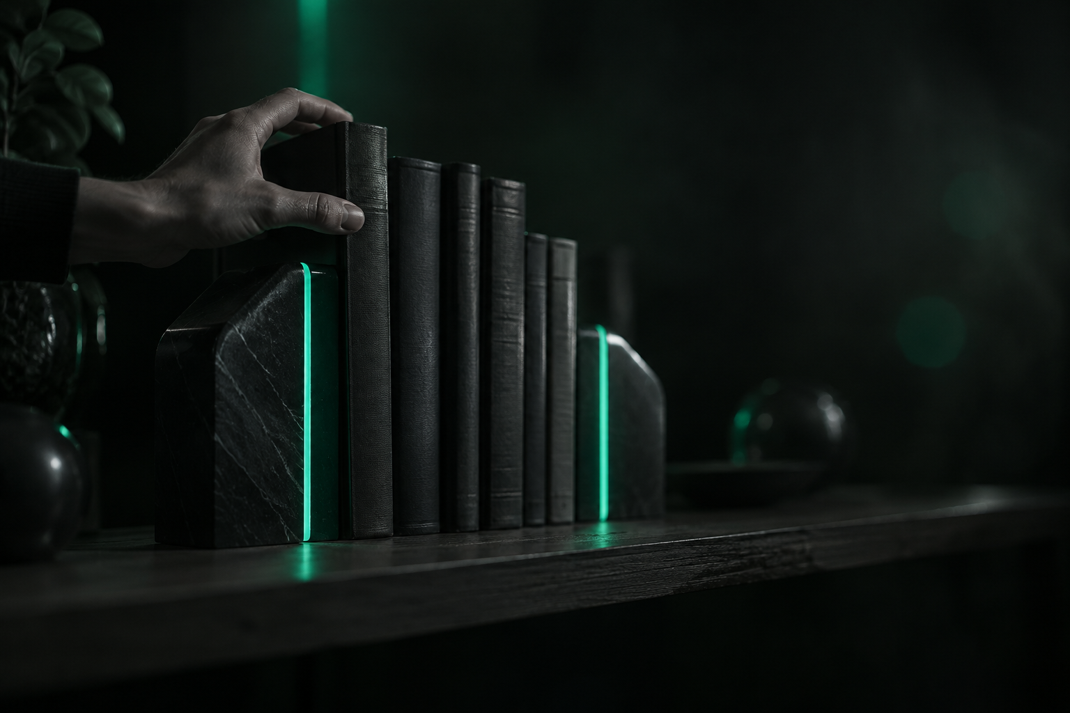 Two glowing teal bookends holding a row of dark books upright, a hand placing the first book and reaching for the last one