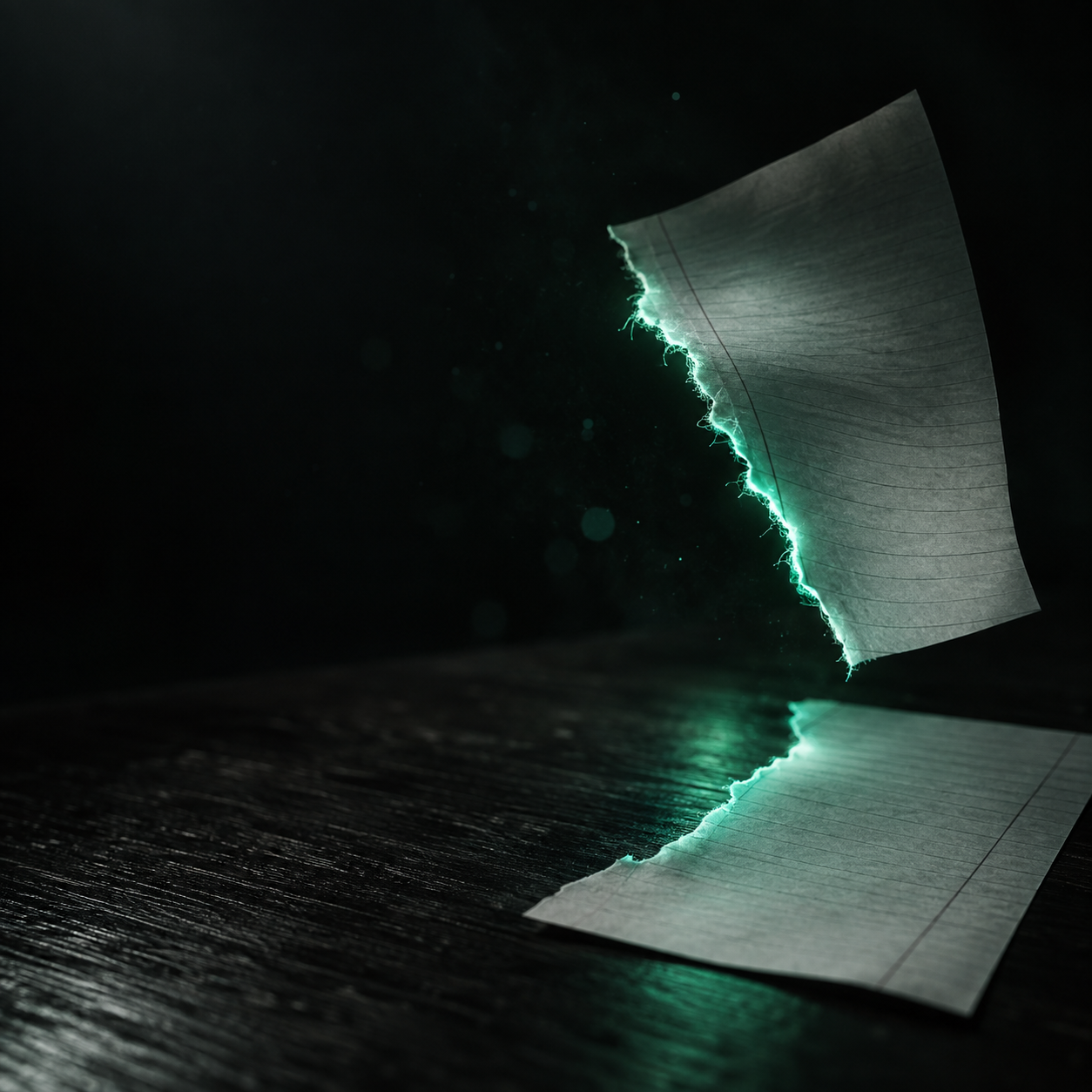 A single teal-lit ledger page torn down the middle, one half drifting away into the dark still glowing, the other half staying lit on the desk