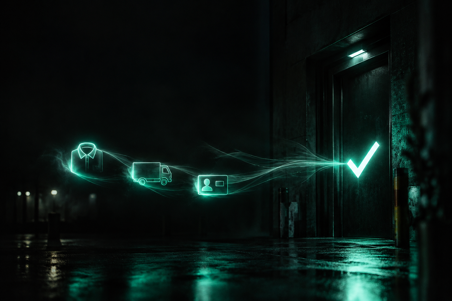 Three small glowing teal signals — a shirt, a truck outline, and an ID card — aligning together into one bright confirmed match at a dark doorway