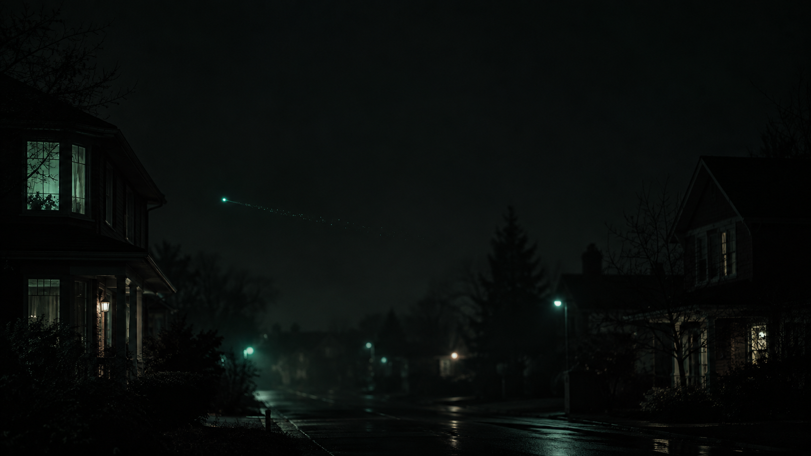 A single teal spark of light trying to pass from one dark house to a neighboring house, but fading out partway, never arriving