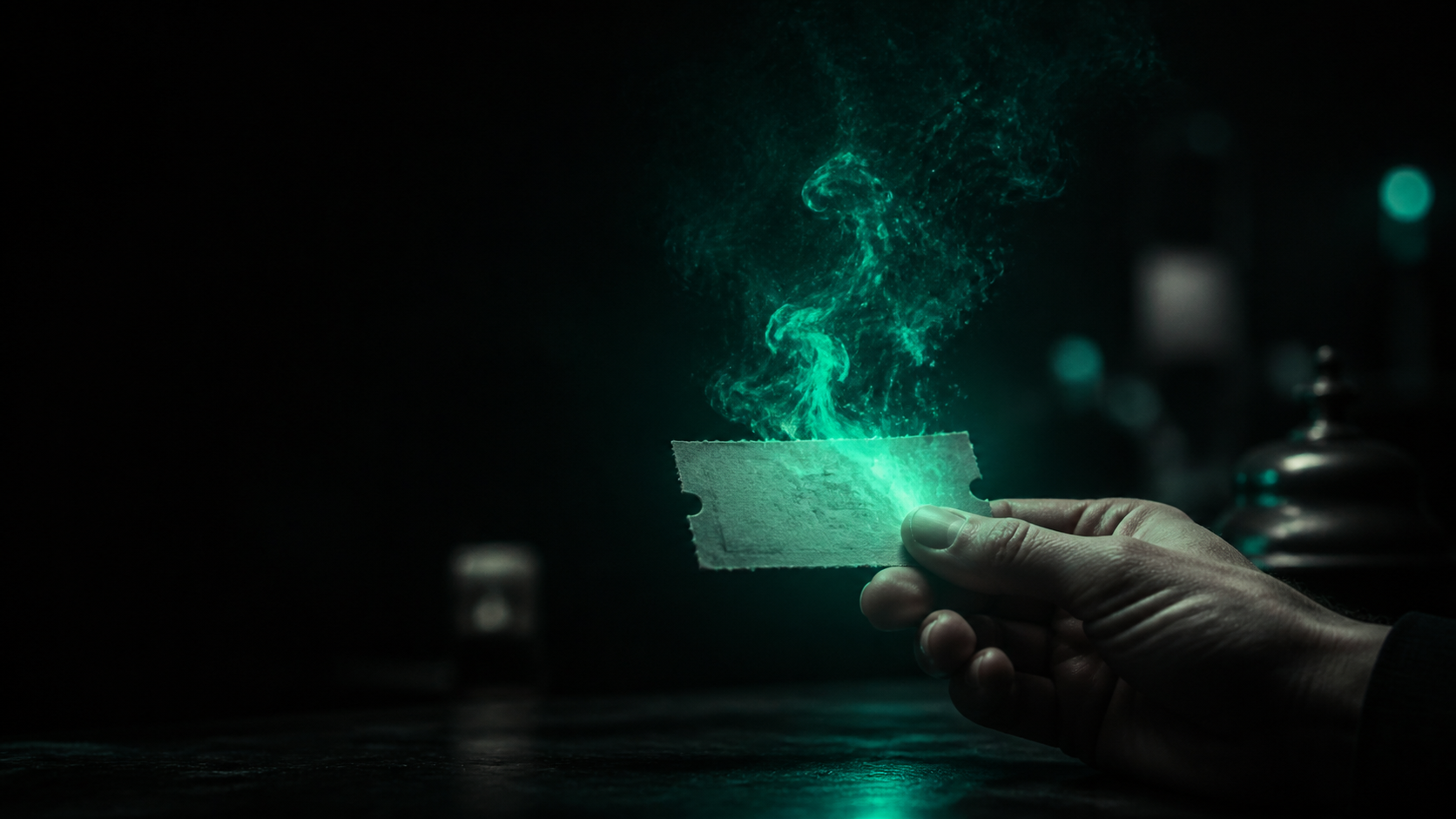 A hand holding an old paper appointment ticket, a handwritten name glowing faint teal and drifting off the page like smoke into the dark air above it, dissolving
