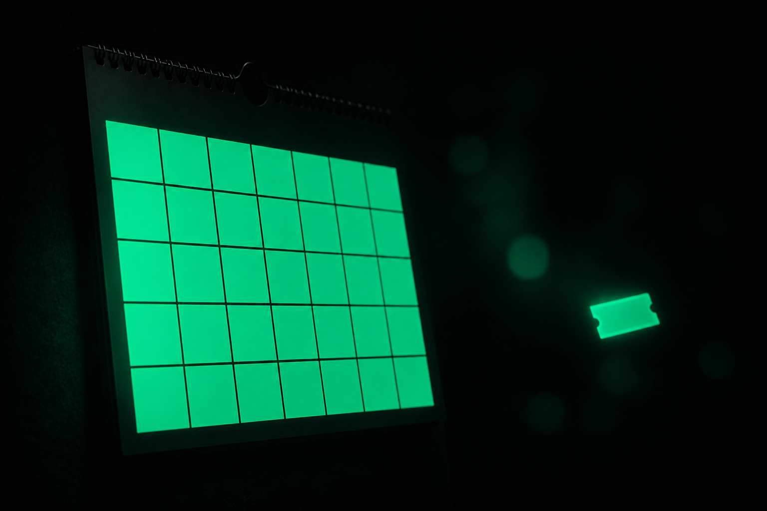 A dark wall calendar with every square filled solid teal, and beside it a small teal name-tag drifting away into the dark, unattached to any day