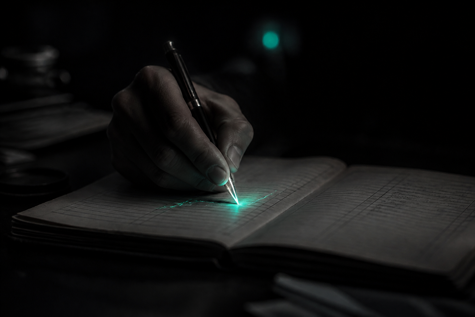 A hand writing in an open paper ledger on a dark desk, the newest line glowing soft teal while the older lines above it have already faded
