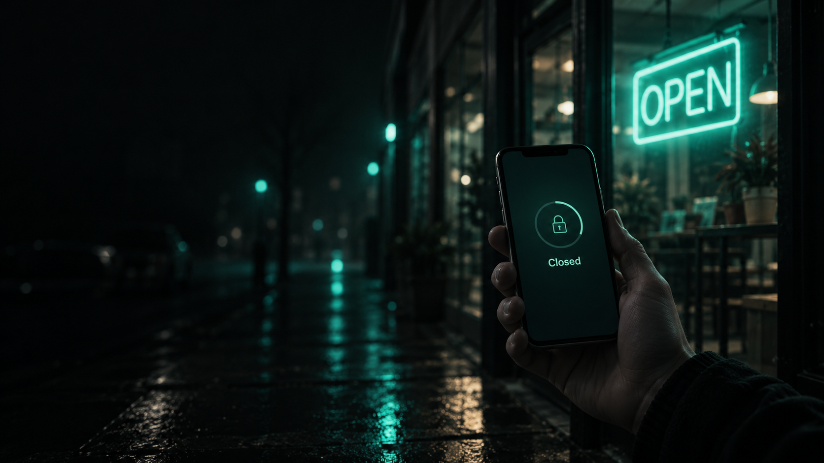 A hand holding a smartphone showing a dim teal 'Closed' status screen, while out of focus behind it a storefront door glows with a bright teal 'Open' sign — the two don't agree