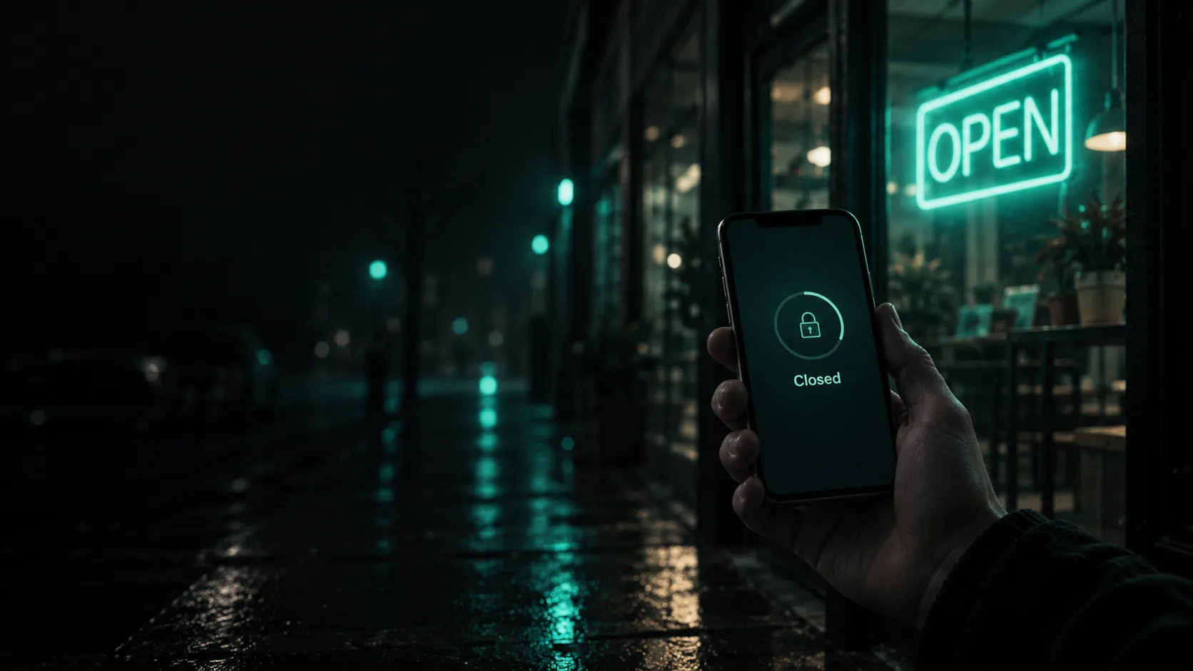 A hand holding a smartphone showing a dim teal 'Closed' status screen, while out of focus behind it a storefront door glows with a bright teal 'Open' sign — the two don't agree
