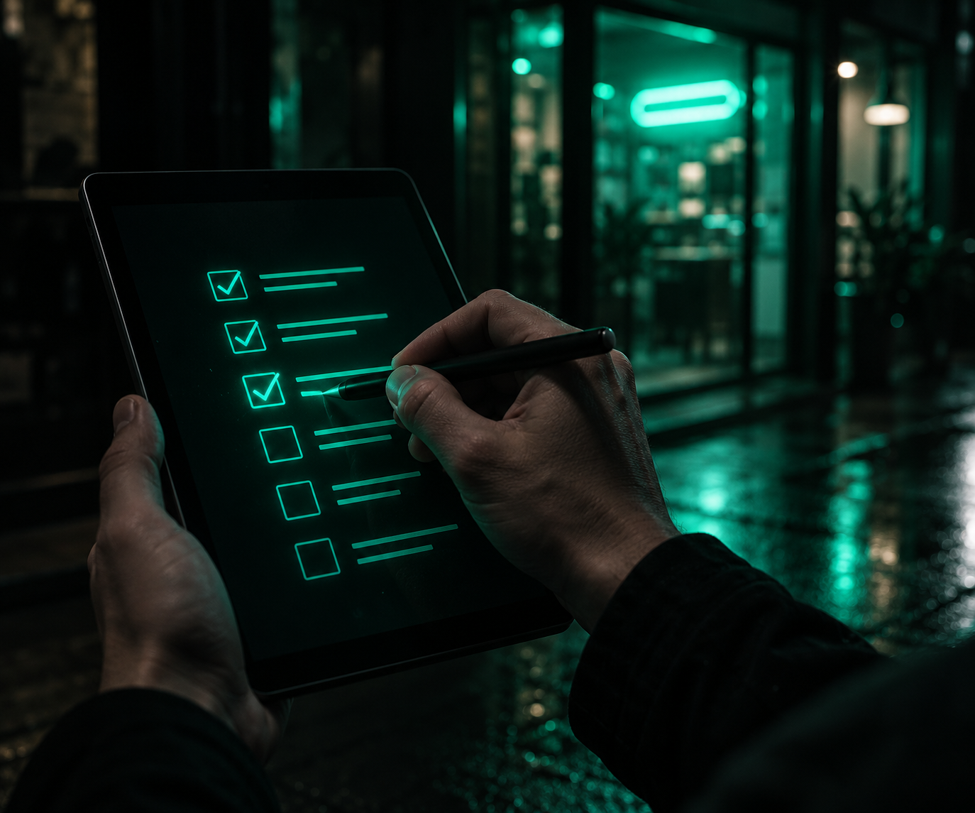 A hand checking off a glowing teal checklist on a tablet, with a lit storefront visible softly in the background