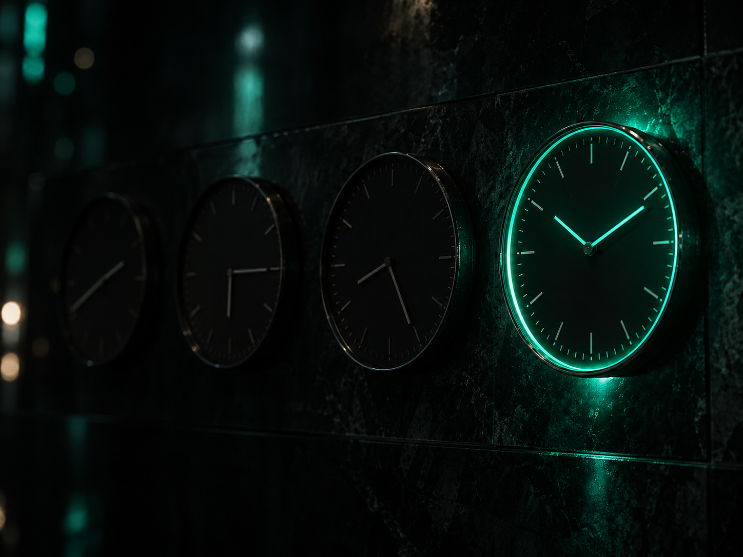 Four identical clock faces on dark glass — three frozen at the wrong time in darkness, one glowing teal and correct