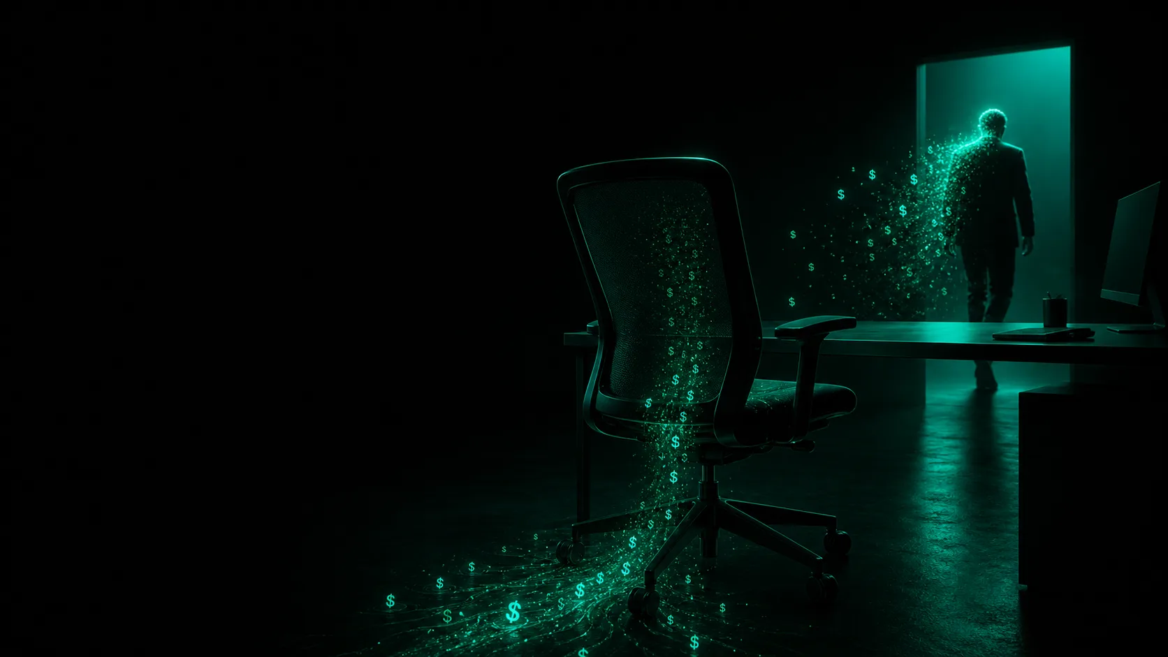 An empty desk chair in the dark, a teal-glowing figure walking away through a doorway, dollar-light draining from the empty seat