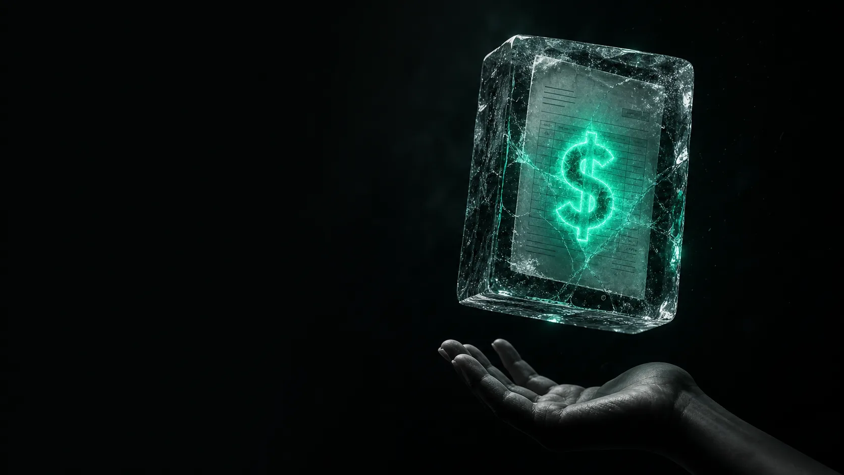 A paper invoice frozen mid-air like a block of ice, a teal dollar sign glowing and trapped inside it, unable to reach an open hand waiting in the dark below