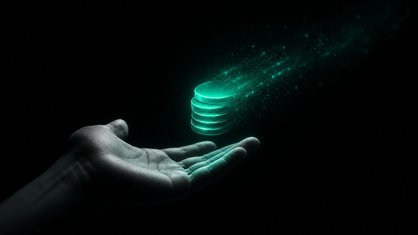 A glowing teal stack of coins quietly drifting out of an open hand into darkness, with no visible exchange or agreement