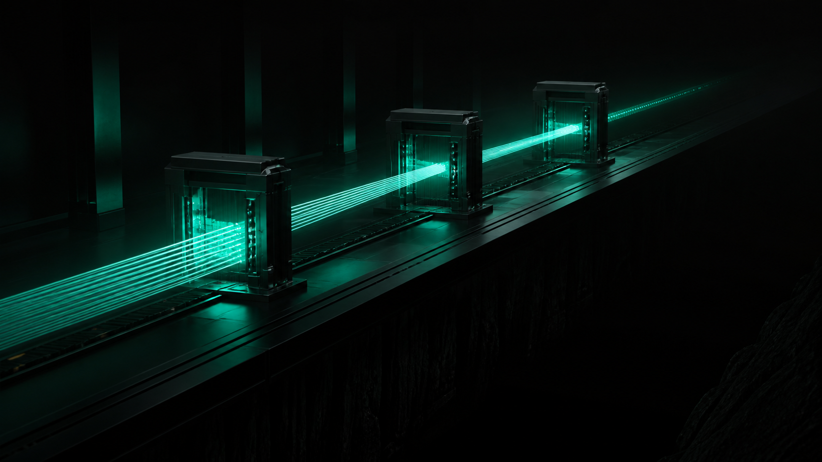 Three glowing teal gates in a dark hallway, each one controlling and measuring the light that passes through, instead of one wide-open gap where light drains unmeasured