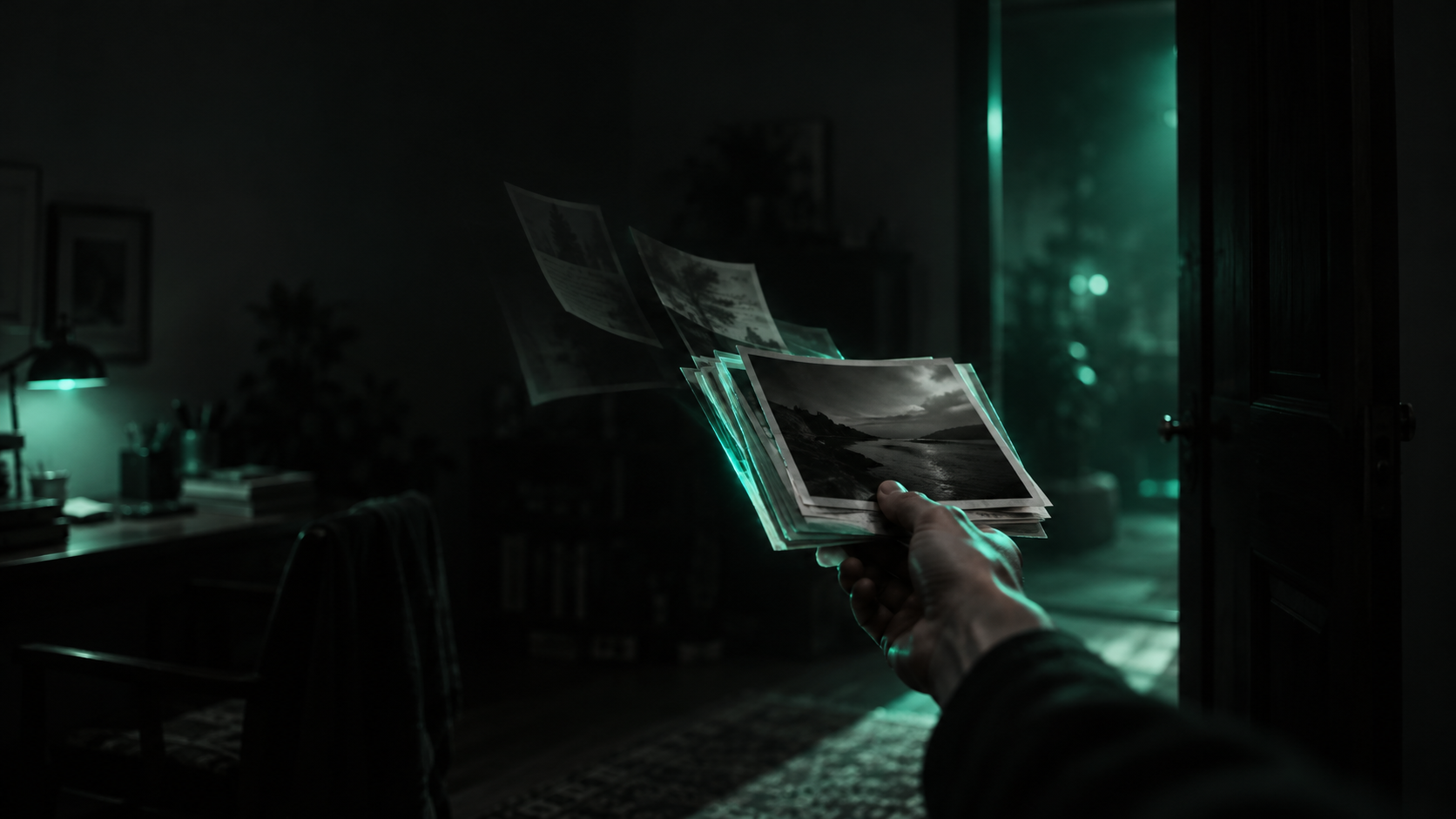 A hand holding out a small stack of papers and photos toward a dark doorway, most of the stack glowing teal, but a few sheets mid-air still fading to shadow