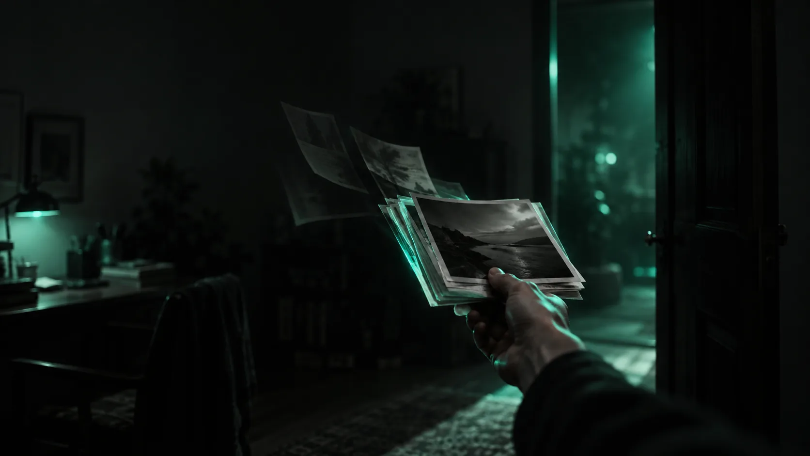 A hand holding out a small stack of papers and photos toward a dark doorway, most of the stack glowing teal, but a few sheets mid-air still fading to shadow