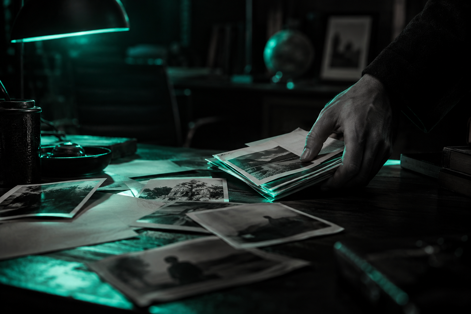 Scattered teal-glowing photographs and documents on a dark desk, a hand assembling them into one organized, lit stack